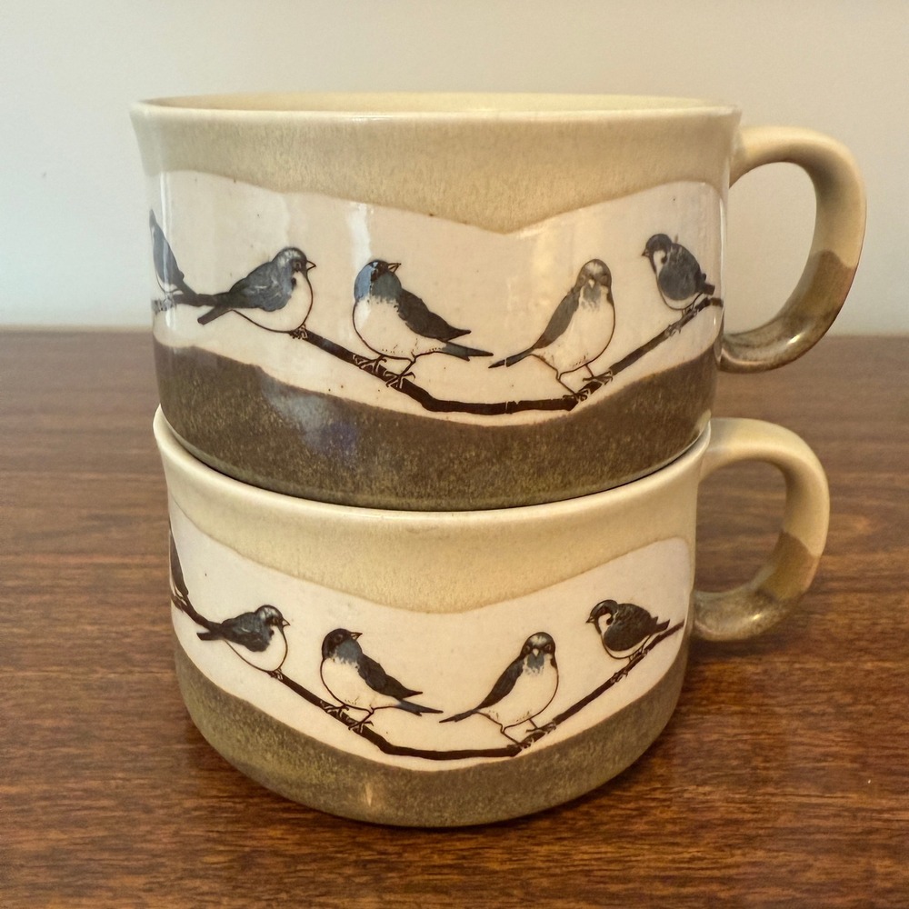 Vintage Otagiri Bird on Branch Stoneware Soup Mugs Set of 2 Earth Tone Cups - Picture 4 of 8